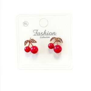 Ⓜ️Cherry Stud Earrings Red Cherry Gold Tone Fruit Earrings New on Card